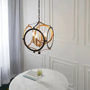 Matt Black & Gold Ceiling Pendant Light - 4 Bulb Hanging Circular Frame Fitting