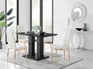 Furniturebox Imperia 4 Modern Black High Gloss Dining Table and 4 White Gold Leg Milan Chairs