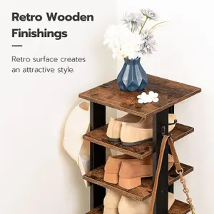 Shoe Rack Wooden, Tall Shoe Rack, Narrow Shoe Storage Organizer with 2 Hooks, Slim Shoe Shelf, Vertical Shoe Tower for Entrance,