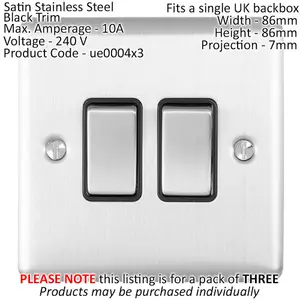 3 PACK 2 Gang Double Metal Light Switch SATIN STEEL 2 Way 10A Black Trim