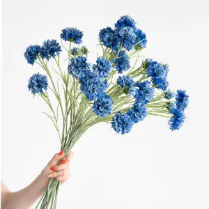 Blooming Artificial - 12-Pack of Faux Blue Cornflower Stems - Indoor Use