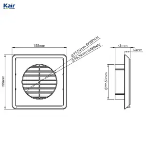 Kair Beige Louvred Grille 155mm External Dimension with Round 100mm - 4 inch Rear Spigot - Wall Ducting Air Vent