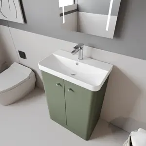 Floor Standing 2 Door Bathroom Vanity Unit with Ceramic Basin - 600mm - Satin Green