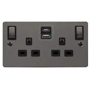 Flat Plate Black Nickel 2 Gang 13A DP Ingot Type A & C USB Twin Double Switched Plug Socket - Black Trim - SE Home