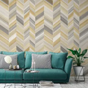 Grandeco Grey & yellow Chevron Matt Mural