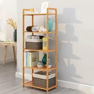 5 Tier Bookcase Freestanding Bamboo Wood Bookcase Wood Vintage Bookshelf 1280mm(H)