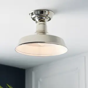 Semi Flush Ceiling Light Fitting - Bright Nickel Plate - Gloss White Inner Shade