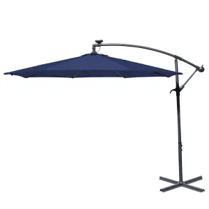 SunDaze 3M Blue Garden Cantilever Banana Parasol with Solar LED Lights Outdoor Patio Umbrella