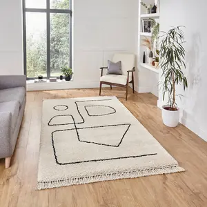 White Black Modern Abstract Kilim Shaggy Moroccan Dining Room Rug-160cm X 220cm