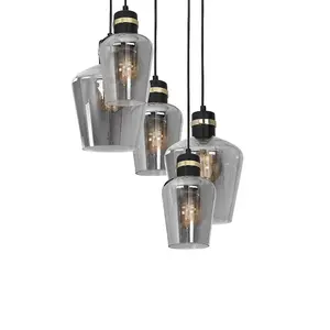 Milagro Richmond Black/Gold Pendant Lamp 5XE27 Stunning Hand Made Smoked Glass Quality Matt Black Fittings With Gold Detail