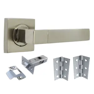 Cafri Line Door Handle Satin Nickel Rectangular Lever on Square Rose Internal Handles + 64mm Latch & Hinges