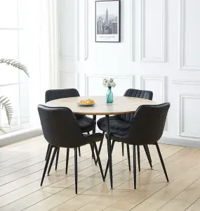 Hallowood Furniture Cullompton Large Round Dining Table with Light Oak Effect Top (120cm) with 4 Black Leather Chairs