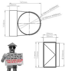Kair Elbow Bend Adaptor 110mm x 54mm to 100mm - 4 inch Rectangular to Round 90 Degree Bend - Female