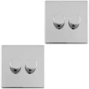 2 PACK 2 Gang Dimmer Switch 2 Way LED SCREWLESS POLISHED CHROME Light Dimming