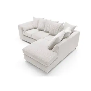 Jumbo White Cord Right Facing Corner Sofa for Living Room with Thick Luxury Deep Filled Cushioning