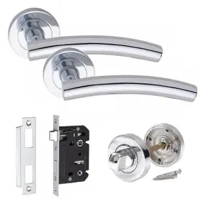 Arched T-Bar Bathroom Door Handle Set Thumbturn and Mortise Lock Polished Chrome