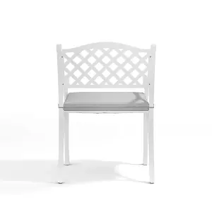 Set of 2 White Retro Curved Seat Cast Aluminum Garden Chairs Patio Dining Armchair Set with Cushions