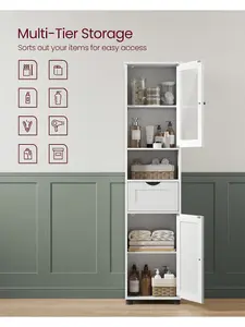 VASAGLE Tall Bathroom Cabinet Free Standing, Slim Bathroom Cupboard, With Open Shelf, Glass Door, Water-Resistant Feet