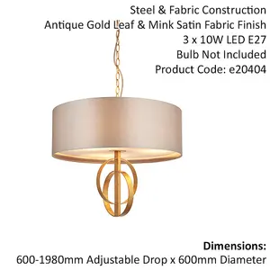 Antique Gold Ceiling Pendant Light & Mink Satin Shade - 3 Bulb Hanging Fitting