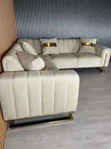 Genova Velvet Champagne Corner Sofa With Gold Metal Legs