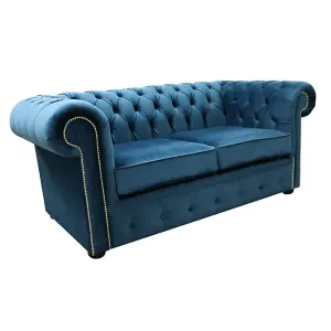 Chesterfield 2 Seater Blue Velvet Sofa Custom Made In Classic Style