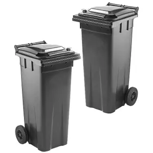 140L Grey Coloured Wheelie Bin Compact Sized Ideal For Small Gardens Complete With Rubber Wheels & Lid