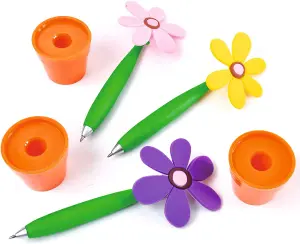 3 x Flower Shaped Pens with Pot Stands - Novelty Home Office Desktop Accessories in Pink, Yellow & Purple - 18 x 7.5 x 3.5cm