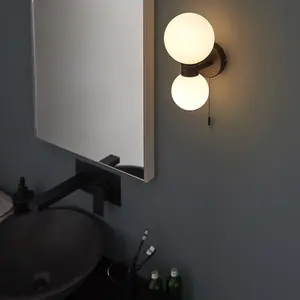 Bathroom Wall Light Fitting - Matt black & Matt White Glass - Twin Lamp