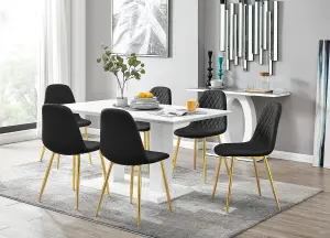 Imperia White High Gloss 6 Seater Dining Table with Structural 2 Plinth Column Legs 6 Black Faux Leather Gold Leg Corona Chairs