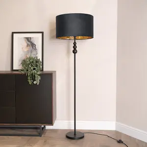 ValueLights Marissa Black Stacked Ball Floor Lamp with Black Velvet with Gold Inner Lamp Shade and LED Bulb