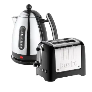 Dualit 2 Slice Toaster & 1.5 Litre Kettle High Gloss LITE Breakfast Set, Black