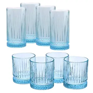 Queensway Home & Dining 8 Pcs Combopack of 355ml & 450ml Blue Coloured Tumblers Drinking Whiskey Glass Sets