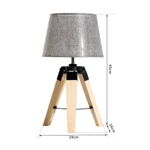 HOMCOM Wooden Tripod Table Lamp for Side, Desk or End Tables with E27 Bulb Base(Grey Shade)