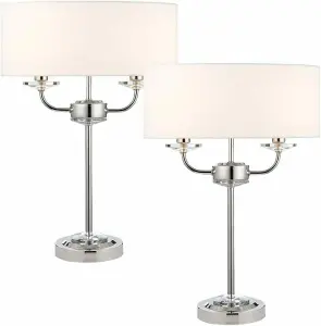 2 PACK Twin Light Table Lamp Bright Nickel & White Shade Crystal Trim Bedside