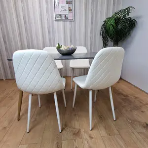 Dining Table Set of 4 Wooden Grey Table with 4 White Gem Patterend Chairs