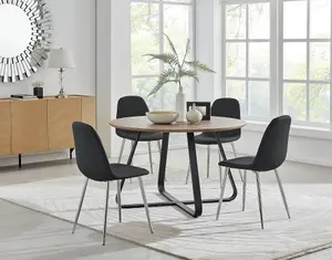 Furniturebox UK Santorini Brown Round Round Dining Table And 4 Black Corona Silver Leg Chairs