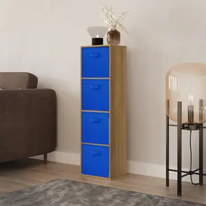 URBNLIVING 106cm Height Distressed Wood 4-Tier Cube Shelving Unit with Dark Blue Inserts