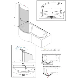 SunDaze 6mm Toughened Safety Glass Curved P Shaped Shower Bath Screen with Towel Rail- 1400x715mm Chrome