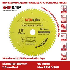 Saxton TCT25060TPRO Professional Range TCT Circular Blade 250mm x 60 Teeth x 30mm Bore, 16, 20, 25mm Reduction Ring