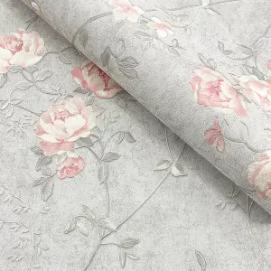 Muriva Pink & Grey Floral Mica effect Embossed Wallpaper