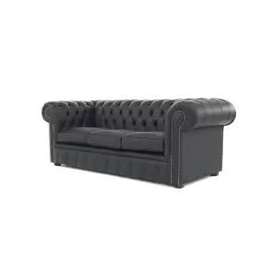 Chesterfield 3 Seater Shelly Black Real Leather Sofa Bespoke In Classic Style