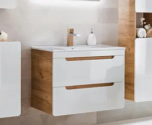 Bathroom 800 Vanity Sink Unit Wall Cabinet Compact Drawers White Gloss Oak Arub