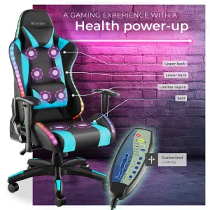 Gaming Chair Tartaros - RGB LEDs, fully adjustable, fully rotatable, massage function - black/azure