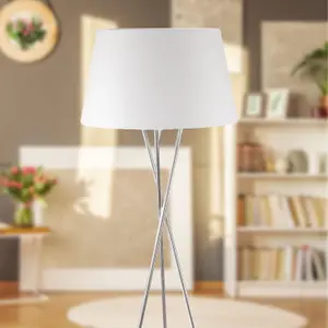 First Choice Lighting Pair Chrome Twist Tripod Floor Lamp with White Fabric Shade