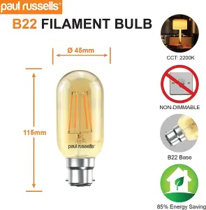 paul russells LED Filament T45 Bulb, 4W 380 Lumens, 35w Equivalent, 2200K Amber, Pack of 6