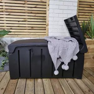 Black 115cm x 55cm x 60cm Butterfly Opening Top 300 Litre Large Garden Storage Box Weatherproof with Padlock Hole