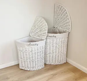 White Corner Wicker Laundry Basket with Cotton Lining Large 62 x 46 x 60 cm