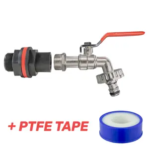 3/4" bsp waterbutt/barrel/tank connector/adaptor +1/2" metal lever tap garden watering+ptfe tape