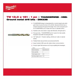 Milwaukee - THUNDERWEB - HSS-Ground metal drill bits - DIN338 - 13mm x 151mm - 1 Piece