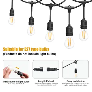 10M Drop String Lights with 15 E27 Holder, IP65, connectable